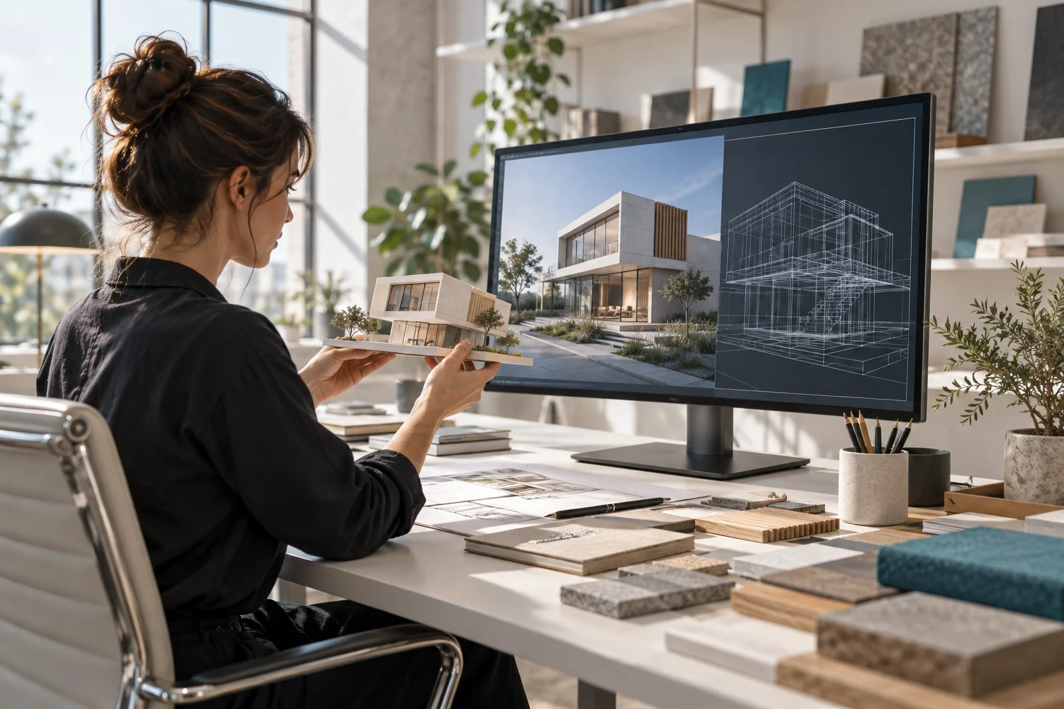 Diseñadora examinando una maqueta y su visualización 3D en pantalla