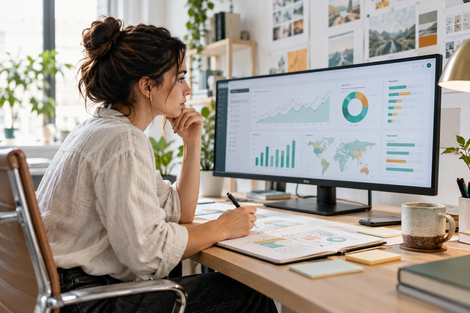 Planificación de marketing online y estrategia SEO en una mesa de estudio luminosa