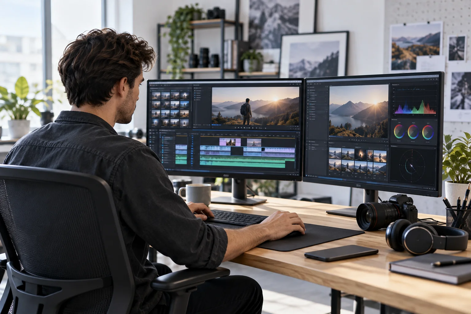 Editor trabajando en una línea de tiempo de vídeo y ajuste de color